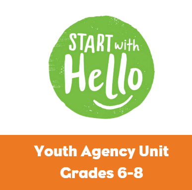 Start With Hello logo in green circle with a white background. Youth Agency Unit banner in orange in the bottom of the image. 