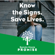 People kneeling with head down overlaying text reading Know the Signs, Save Lives and Sandy Hook Promise logo callout at bottom