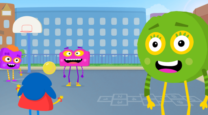 Illustration of characters bouncing ball on playground