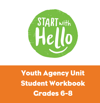 Start With Hello logo in green circle with a white background. Youth Agency Unit banner in orange in the bottom of the image. 