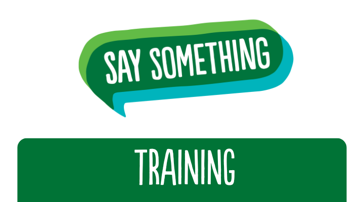 Say Something logo on a white background with a dark green border at the bottom.