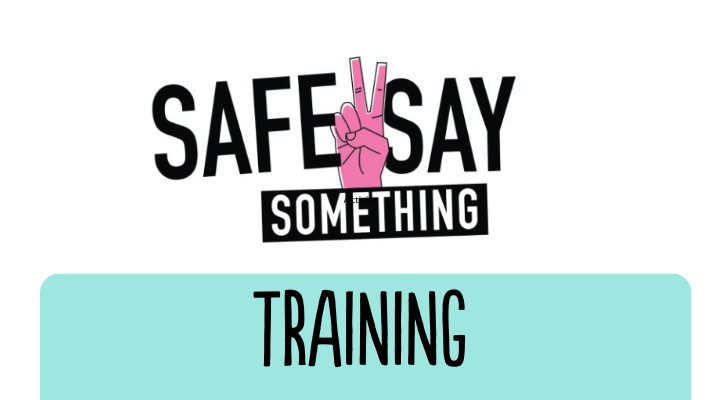 Safe2Say Something logo with a pink hand holding up a peace sign. 