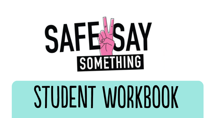 Safe2Say Something logo with a pink hand holding up a peace sign. 