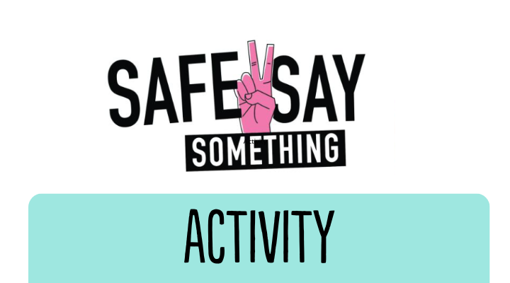 Safe2Say Something logo with a pink hand holding up a peace sign. 